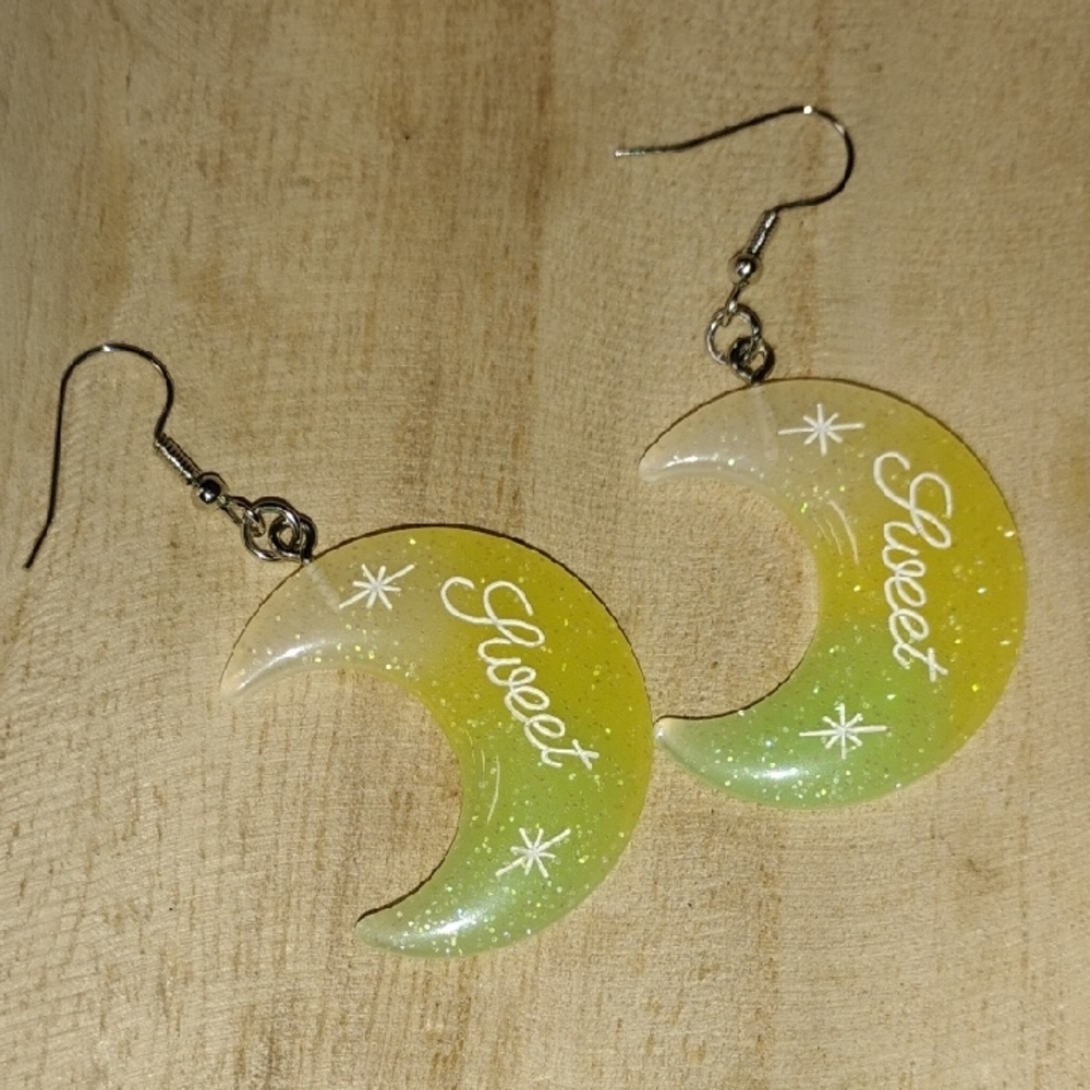 Green and Yellow Crescent Moon Earrings